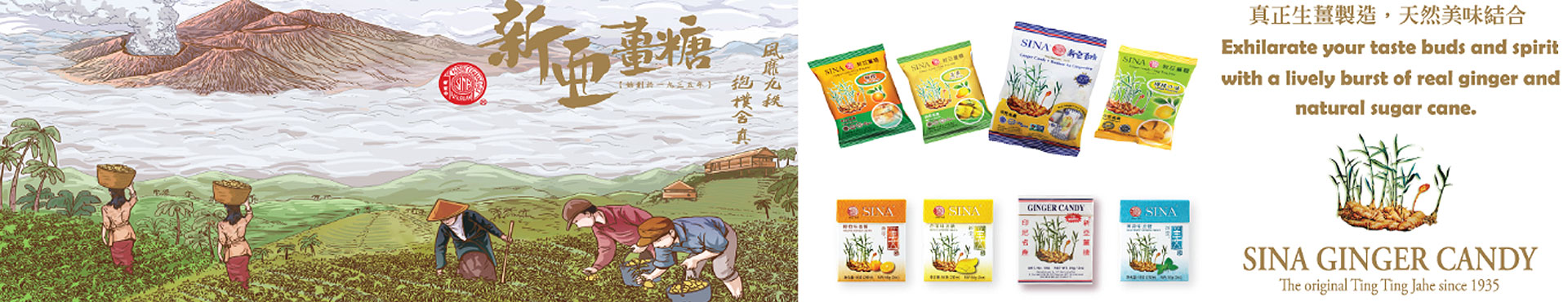 an array of images of Sina Gourmet Ginger Candy, Chimes Garden Products, and Canola Olive oil products